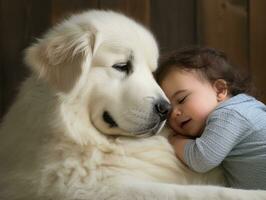 amoroso perro acariciando un recién nacido bebé en un cuna ai generativo foto