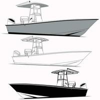 Side view line drawing of sea fishing boat Black and white art treatment. vector