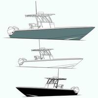 Side view line drawing of sea fishing boat Black and white art treatment. vector