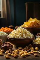 Variety of snacks in wooden bowls. Nuts, corn, raisins, peanuts, walnuts, pecans, cornflakes, cranberries. AI Generative photo