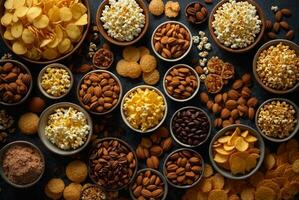 Variety of snacks in wooden bowls. Nuts, corn, raisins, peanuts, walnuts, pecans, cornflakes, cranberries. AI Generative photo