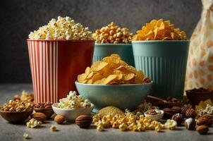 Variety of snacks in wooden bowls. Nuts, corn, raisins, peanuts, walnuts, pecans, cornflakes, cranberries. AI Generative photo