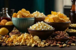 Variety of snacks in wooden bowls. Nuts, corn, raisins, peanuts, walnuts, pecans, cornflakes, cranberries. AI Generative photo