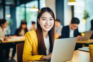 Portrait of young woman working on laptop computer in modern office, Confident  employee smiling happily while working with coworkers. AI Generative photo