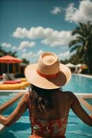 Back view of young woman in hat standing in swimming pool at resort. AI Generative photo