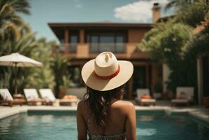 Back view of young woman in hat standing in swimming pool at resort. AI Generative photo
