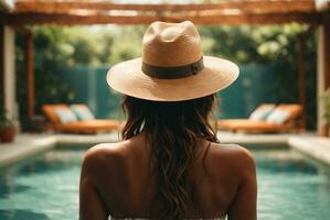 Back view of young woman in hat standing in swimming pool at resort. AI Generative photo