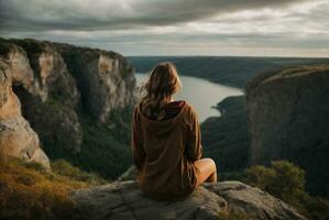 Back view of a woman sitting alone at the big mountains. AI Generative photo