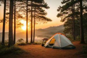 Camping on the top of the mountain at sunset, Thailand. AI Generative photo