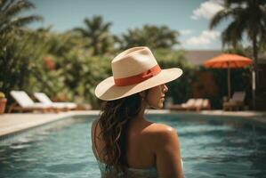 Back view of young woman in hat standing in swimming pool at resort. AI Generative photo