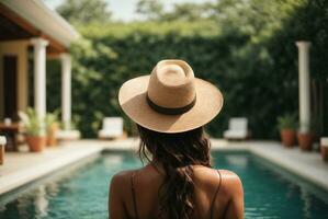 Back view of young woman in hat standing in swimming pool at resort. AI Generative photo
