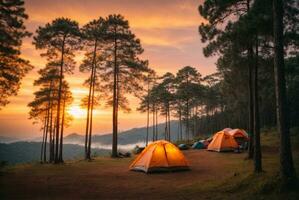 Camping on the top of the mountain at sunset, Thailand. AI Generative photo