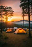 Camping on the top of the mountain at sunset, Thailand. AI Generative photo