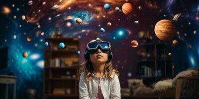 linda pequeño niña vistiendo virtual realidad gafas de protección mientras sentado en el piso en el habitación con planetas y estrellas. ai generativo foto