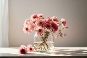 Pink flowers in a vase on a white table with a light background. AI Generative photo