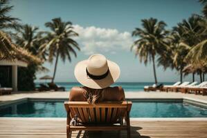 Back view of young woman in hat standing in swimming pool at resort. AI Generative photo