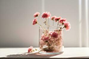 rosado flores en un florero en un blanco mesa con un ligero antecedentes. ai generativo foto