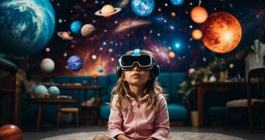 linda pequeño niña vistiendo virtual realidad gafas de protección mientras sentado en el piso en el habitación con planetas y estrellas. ai generativo foto