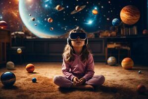 linda pequeño niña vistiendo virtual realidad gafas de protección mientras sentado en el piso en el habitación con planetas y estrellas. ai generativo foto