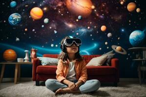 linda pequeño niña vistiendo virtual realidad gafas de protección mientras sentado en el piso en el habitación con planetas y estrellas. ai generativo foto
