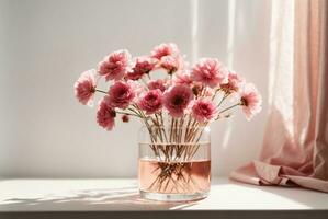 Pink flowers in a vase on a white table with a light background. AI Generative photo