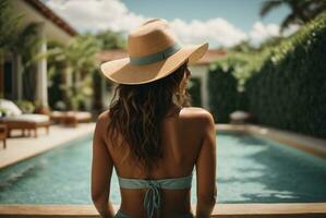 Back view of young woman in hat standing in swimming pool at resort. AI Generative photo