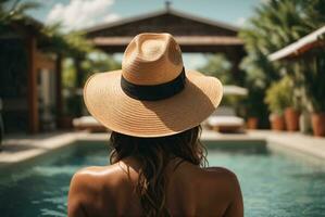 Back view of young woman in hat standing in swimming pool at resort. AI Generative photo