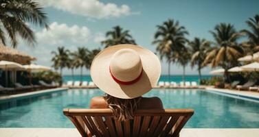 Back view of young woman in hat standing in swimming pool at resort. AI Generative photo
