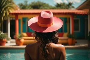 Back view of young woman in hat standing in swimming pool at resort. AI Generative photo