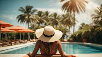 Back view of young woman in hat standing in swimming pool at resort. AI Generative photo