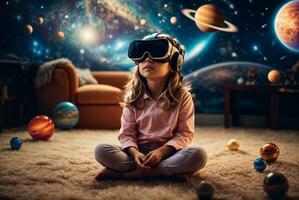 linda pequeño niña vistiendo virtual realidad gafas de protección mientras sentado en el piso en el habitación con planetas y estrellas. ai generativo foto