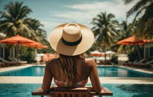 Back view of young woman in hat standing in swimming pool at resort. AI Generative photo