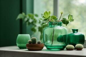 Cactus and succulents in glass vases on green background. AI Generative photo