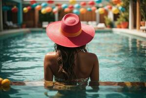 Back view of young woman in hat standing in swimming pool at resort. AI Generative photo