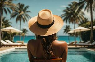 Back view of young woman in hat standing in swimming pool at resort. AI Generative photo