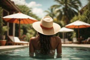 Back view of young woman in hat standing in swimming pool at resort. AI Generative photo