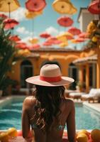 Back view of young woman in hat standing in swimming pool at resort. AI Generative photo