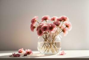 Pink flowers in a vase on a white table with a light background. AI Generative photo