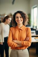 Happy casual businesswoman looking at camera with crossed arms in office, New generation of energetic entrepreneurs concept. AI Generative photo