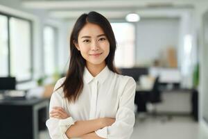 Happy casual businesswoman looking at camera with crossed arms in office, New generation of energetic entrepreneurs concept. AI Generative photo