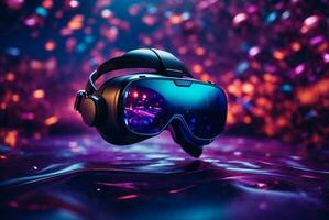 3d illustration of virtual reality glasses on purple background with bokeh. AI Generative photo
