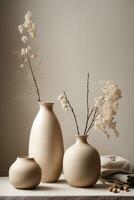 Ceramic vases with dried flowers on shelf on grey background. AI Generative photo