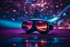 3d illustration of virtual reality glasses on purple background with bokeh. AI Generative photo