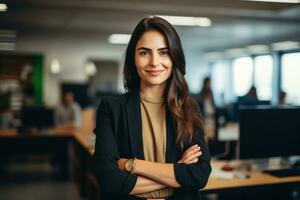 Happy casual businesswoman looking at camera with crossed arms in office, New generation of energetic entrepreneurs concept. AI Generative photo