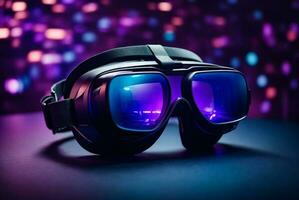 3d illustration of virtual reality glasses on purple background with bokeh. AI Generative photo