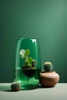 Cactus and succulents in glass vases on green background. AI Generative photo