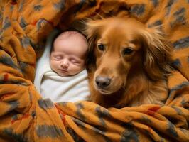 amoroso perro acariciando un recién nacido bebé en un cuna ai generativo foto