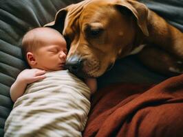 amoroso perro acariciando un recién nacido bebé en un cuna ai generativo foto