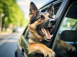 Happy dog riding in a car with its head out the window AI Generative photo