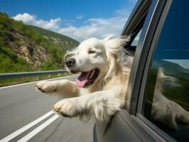 contento perro montando en un coche con sus cabeza fuera el ventana ai generativo foto